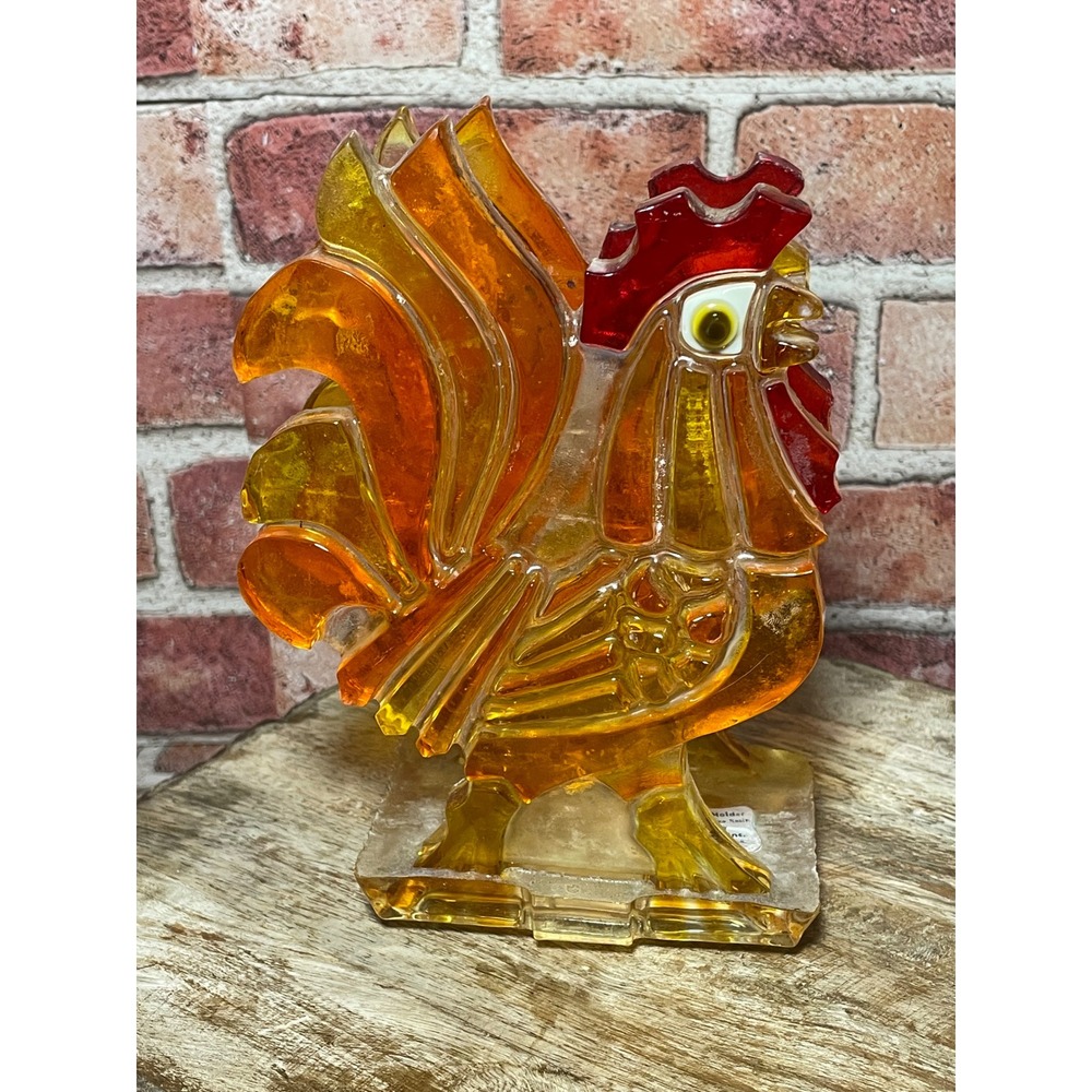 Vintage 1969 Wondermold Rooster Napkin Letter Holder Amber Red Resin MCM Decor